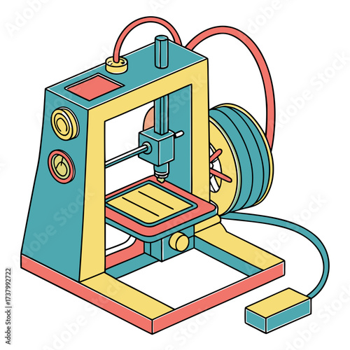 Teal yellow and coral 3d printer machine with filament spool