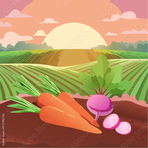 Freshly harvested carrots and radishes lying on rich soil at sunset in a field