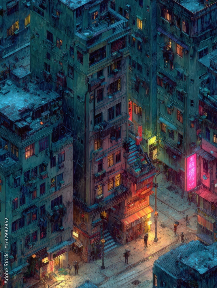 Fototapeta premium Cities come alive at night as neon lights illuminate the streets. People walk through a vibrant scene of busy buildings and colorful signs.