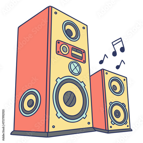 Two colorful speakers with music notes sound audio