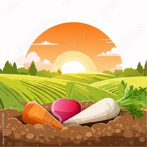 Freshly harvested carrots and radishes lying on rich soil at sunset in a field