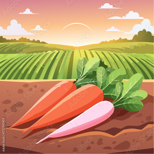 Freshly harvested carrots and radishes lying on rich soil at sunset in a field