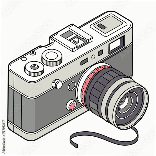 Vintage camera with lens and strap on white background