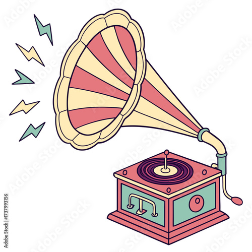 Vintage gramophone with colorful sound waves retro