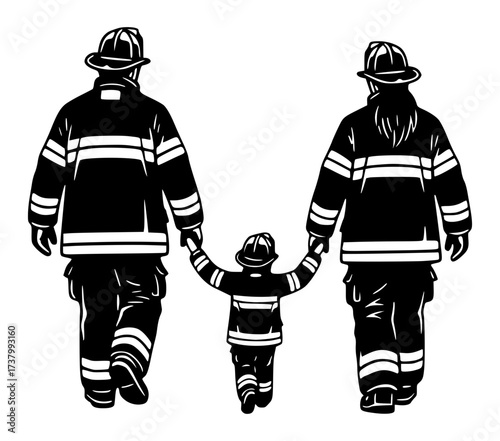 Firefighter Family Holding Hands Vector Illustration, Parents, Child, Heroes, Service, Uniform