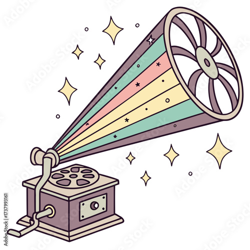 Vintage gramophone with colorful rainbow light beams and stars