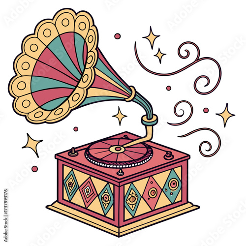 Vintage gramophone with swirling sound waves and stars