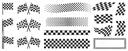 Racing stripes set, checkered patterns and flag, start and finish line, motocross labels, dynamic lines, motorsport, racing stripe speed, sport decals, automotive tuning stickers - vector
