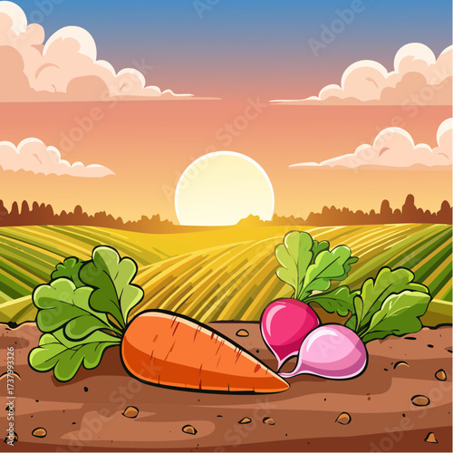 Freshly harvested carrots and radishes lying on rich soil at sunset in a field