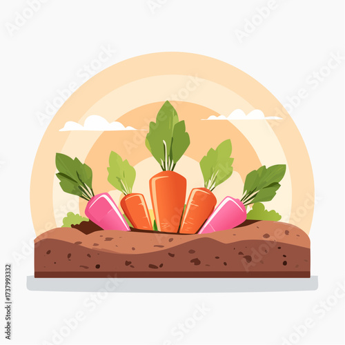 Freshly harvested carrots and radishes lying on rich soil at sunset in a field