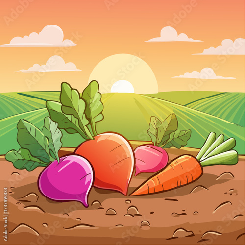 Freshly harvested carrots and radishes lying on rich soil at sunset in a field