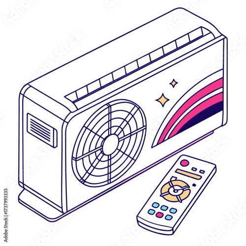 White air conditioner unit with colorful accents and remote control
