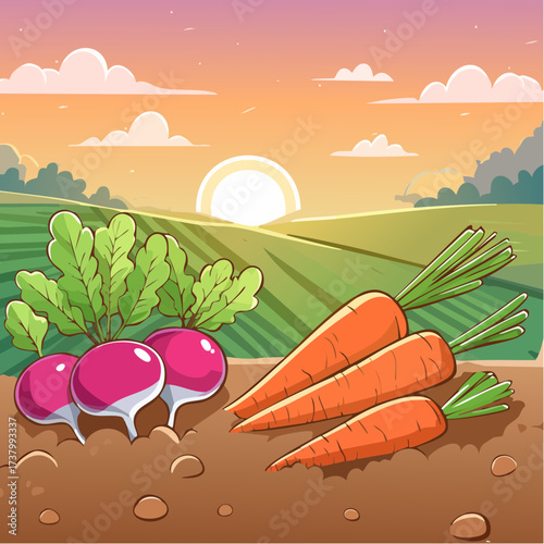 Freshly harvested carrots and radishes lying on rich soil at sunset in a field