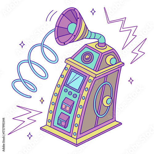 Whimsical purple and teal teleportation machine with yellow accents