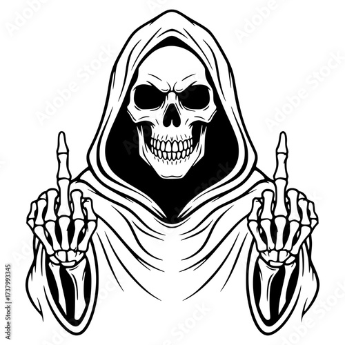Grim Reaper Skull Showing Middle Fingers Vector Illustration, Death, Skeleton, Gothic, Rebellion, Punk