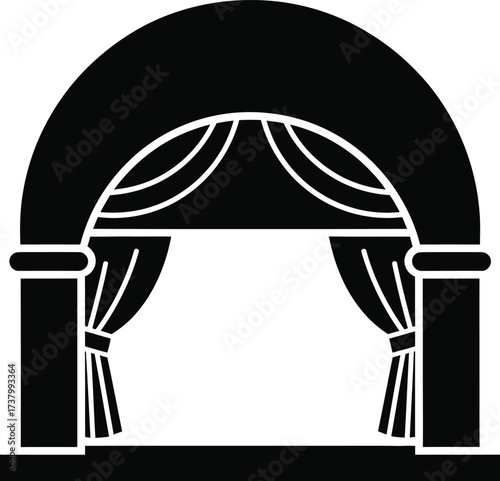 Simple black silhouette of an archway with draped curtains