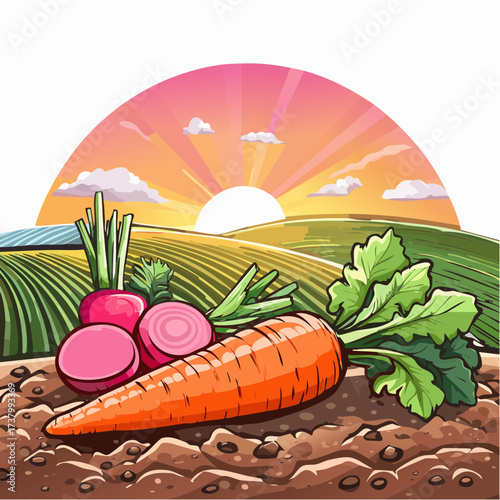 Freshly harvested carrots and radishes lying on rich soil at sunset in a field