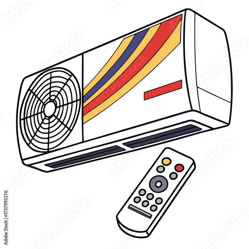 White air conditioner unit with colorful stripes and remote control 1