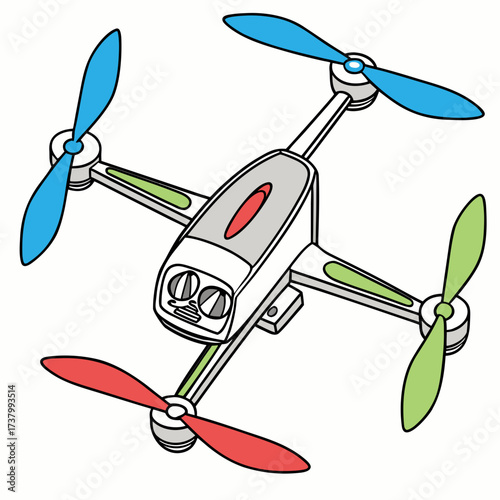 White drone with blue green and red propellers quadcopter