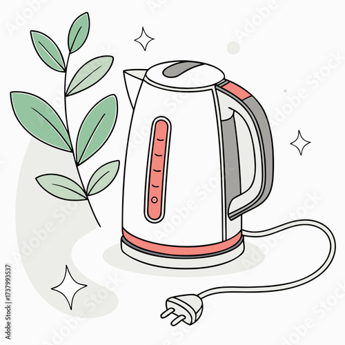 White electric kettle with coral accents and green leaves