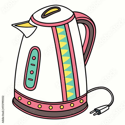 White electric kettle with pink yellow teal accents