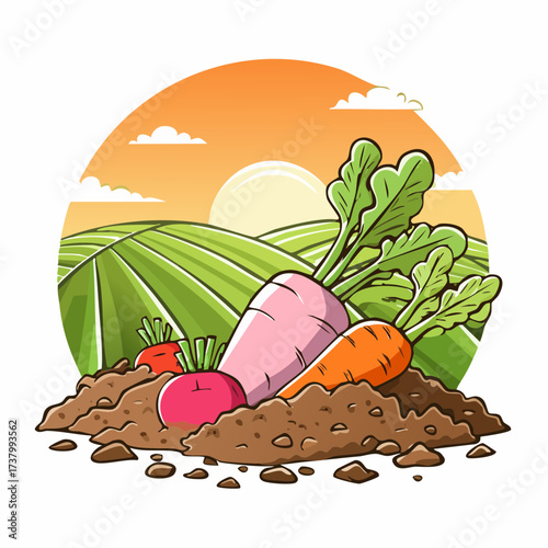 Freshly harvested carrots and radishes lying on rich soil at sunset in a field