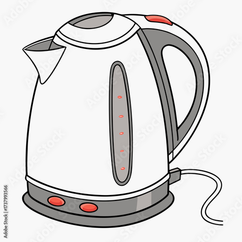 White electric kettle with red accents and water level indicator