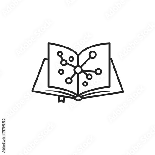 A line art icon of an open textbook showing a molecular or network structure, symbolizing science, research, and education.