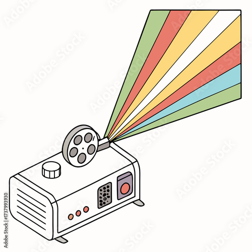 White projector emitting colorful light beams film projector