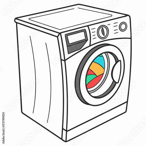 White washing machine with colorful laundry inside