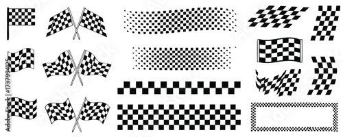 Racing stripes set, checkered patterns and flag, start and finish line, motocross labels, dynamic lines, motorsport, racing stripe speed, sport decals, automotive tuning stickers - vector
