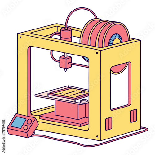 Yellow 3d printer with pink and blue accents additive manufacturing