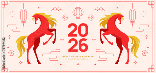 Chinese Lunar New Year 2026 wide banner with horse illustration. Horizontal greeting card flat design with decorative elements of traditional asian culture.