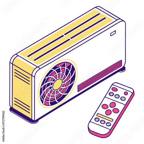 Yellow air conditioner unit with pink and purple remote control