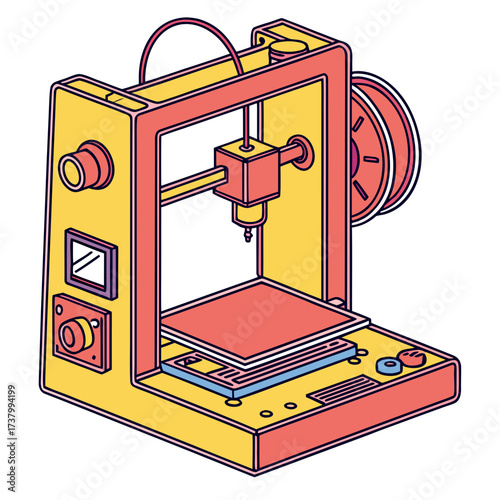 Yellow and coral 3d printer with blue accents additive manufacturing