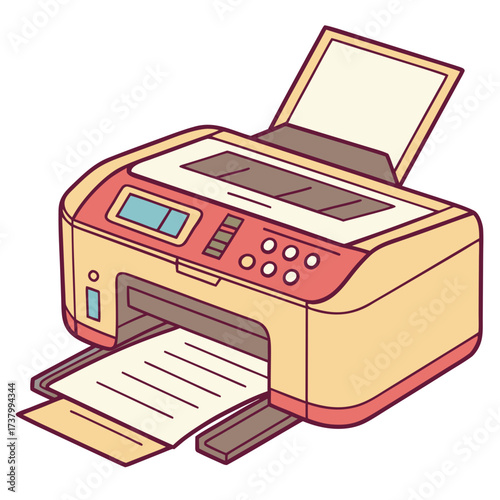 Yellow and coral office printer with paper output technology