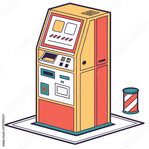 Yellow and coral ticket vending machine with buttons