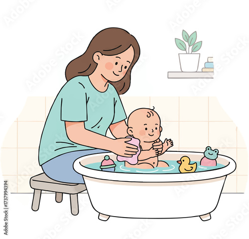 Mother bathing her baby in a white bathtub in a bright bathroom, gently washing with a sponge, creating a warm and loving atmosphere.