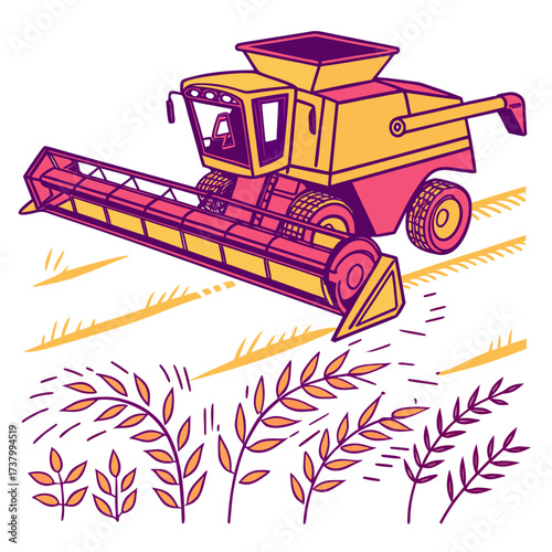 Yellow and pink combine harvester in a field of wheat