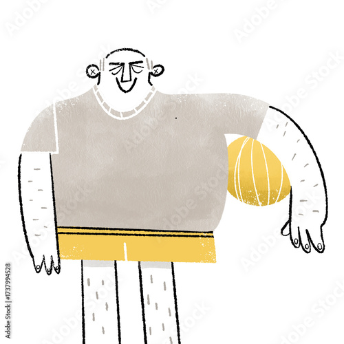 Textured, Hand-Drawn Cartoon Man: Minimalist Grey & Yellow Sport Character Holding Rugby Ball Vector Retro