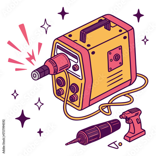Yellow and pink welding machine with torch and sparks