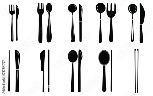 Black and White Cutlery Icon Set – Fork, Knife, Spoon, and Chopsticks in Minimalist Design