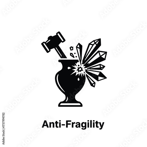 A conceptual icon representing antifragility, where a vase grows stronger with crystals after being struck by a hammer.