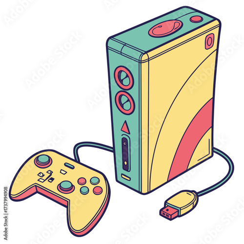 Yellow and teal video game console with joystick gaming
