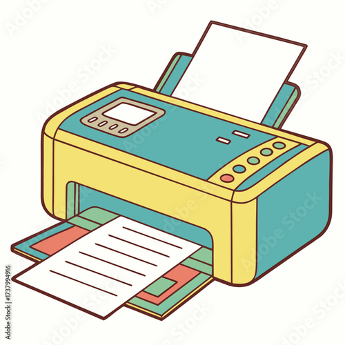 Yellow and teal office printer with paper output technology 1