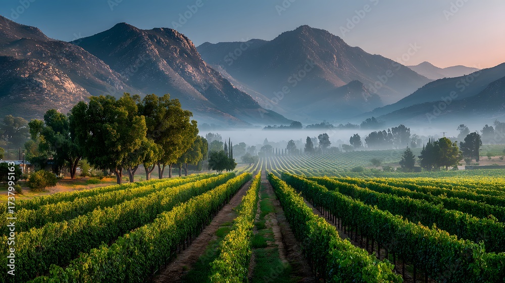 Fototapeta premium Stunning view of a sprawling vineyard at the base of a majestic mountain range. It is captured at dawn with a gentle mist clinging to the vines.