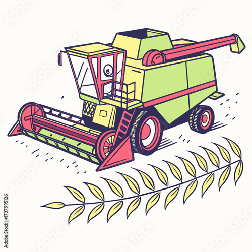 Yellow green and red combine harvester machine agriculture