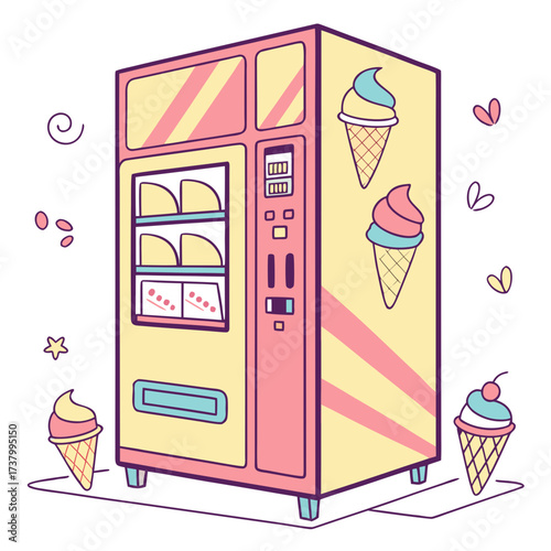 Yellow ice cream vending machine with pink and blue cones