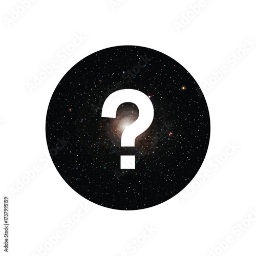 A white question mark symbol inside a circular frame with a cosmic galaxy and starry night sky background, representing mystery and the unknown.