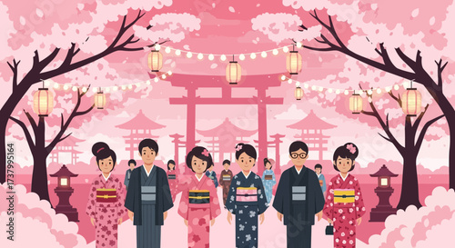 A vibrant Japanese cherry blossom festival illustration with people in kimonos and lanterns